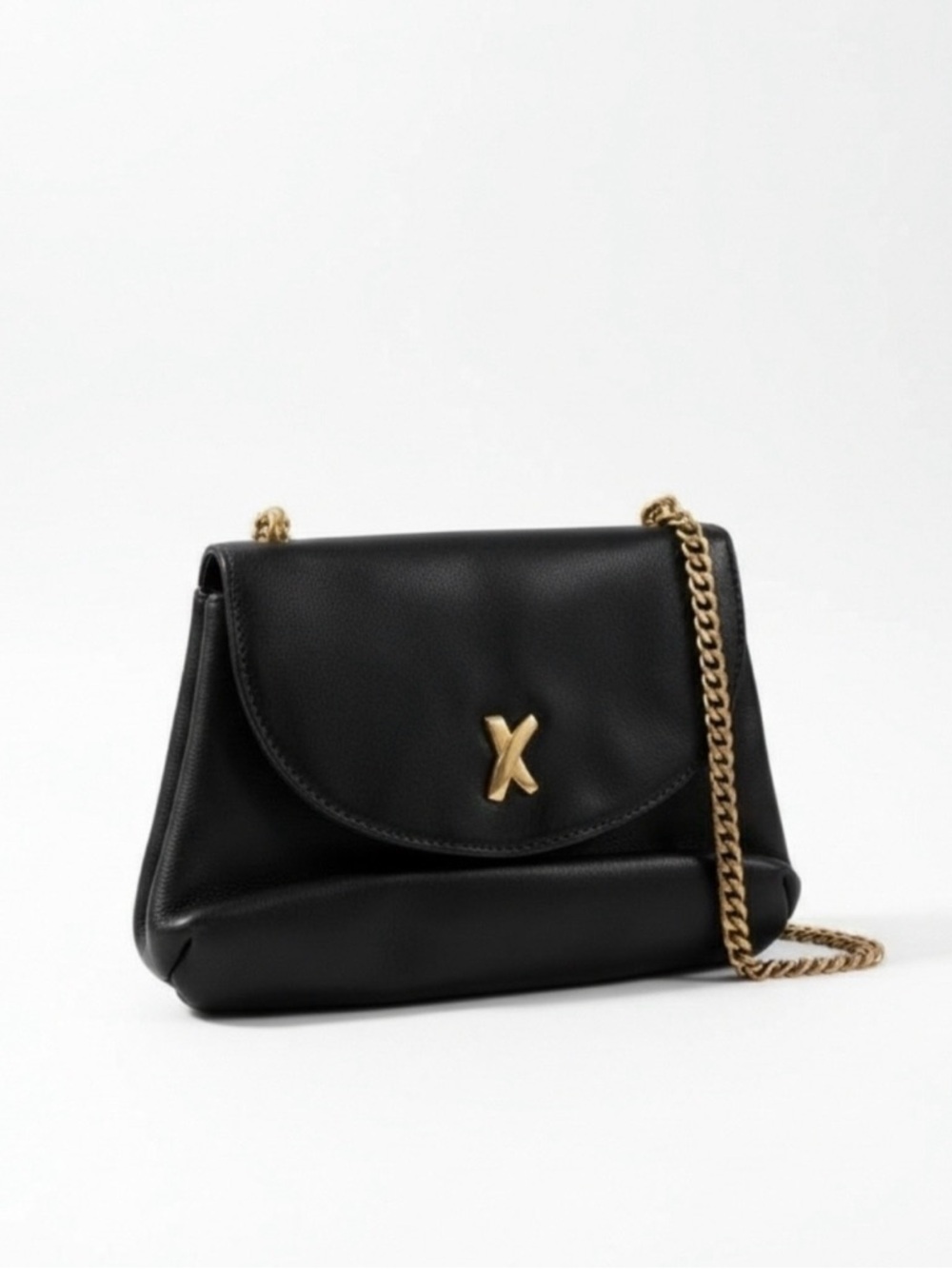 Vintage Paloma Picasso Black Leather X Logo Bag Gold Chain Y2K 90s Designer